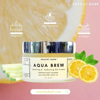Keep your skin happy and hydrated with Aqua Brew. This soothing gel creme brightens, deeply hydrates, and exfoliates with a refreshing blend of hyaluronic acid, cucumber, and lime oil.