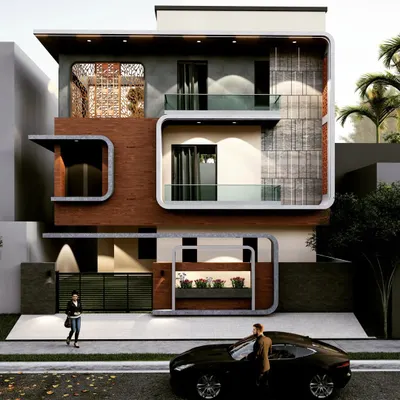 A modern residence in Hubli designed for a family of six on a 2000 sq. ft. plot. The facade features unique curved forms and an integrated planter box, creating a distinctive and functional exterior that accommodates family life.
