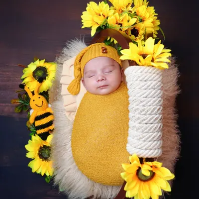 A sweet "bumbblebee" themed shoot with a baby in a yellow wrap, surrounded by sunflowers and a cute toy bee. This setup is bright, cheerful, and perfect for a sunny disposition.