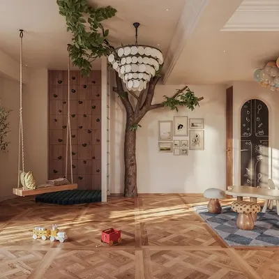 Every detail designed with love for tiny dreamers. This playroom is a magical haven for little adventures, featuring an indoor tree, a swing, and a climbing wall, all within a beautifully designed, classical framework.