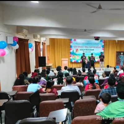 A wide view of my magic show for a Children's Day event at an engineering college. You can see the audience of kids and adults is completely engaged.