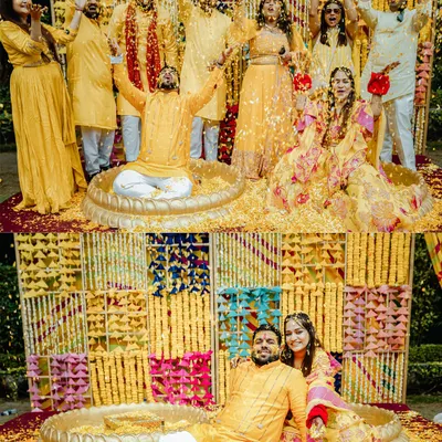 Pure Haldi happiness. I love capturing the peak moments of celebration, like this one where the groom is showered with flower petals by his entire family and friends.