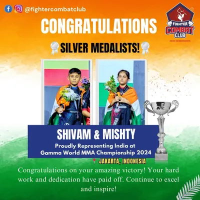 Our champions Shivam and Mishty, proudly representing India with their silver medals from the Gamma World MMA Championship 2024 in Jakarta. This is the pinnacle of child martial arts achievement, and our fighters are there.