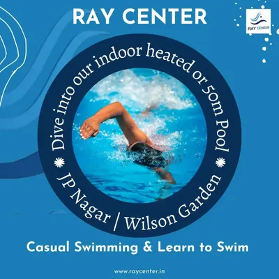 A graphic inviting you to dive into either our indoor heated pool in JP Nagar or the 50m pool in Wilson Garden.