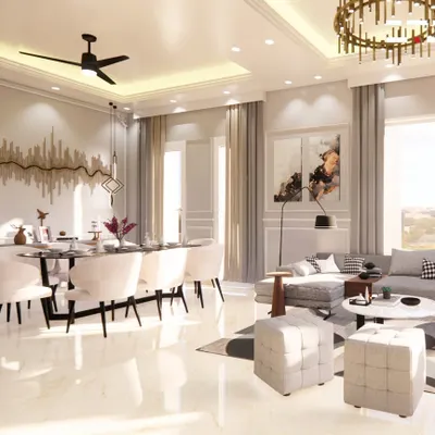 This 3D render presents an open-plan living and dining area with a sophisticated, neutral color palette. The living space features a comfortable sectional sofa, while the dining area is defined by a statement wall art piece. This design emphasizes flow and connectivity, ideal for modern family living.