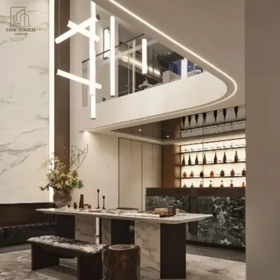 This render showcases a luxurious dining and entertainment space within a modern bungalow. The design integrates a bar area, marble finishes, and a dramatic double-height ceiling with contemporary lighting to create an impactful social hub.