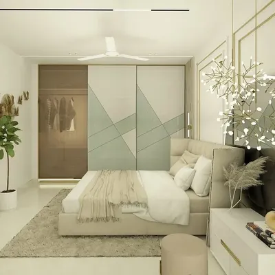 It all starts with a vision. This is a 3D rendering I created for a client's bedroom, showing the proposed design with a custom bed, a unique chandelier, and a wardrobe with geometric-patterned sliding doors.