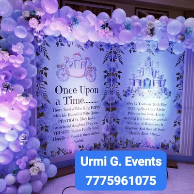 A unique 'Once Upon a Time' storybook backdrop for a princess's naming ceremony. The book tells the family's story, creating a deeply personal and magical entrance, framed by a beautiful purple balloon arch.