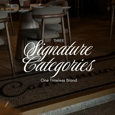 "Three Signature Categories, One Timeless Brand." This graphic introduces our core offerings: bespoke tiles, stone, and concrete, which form the soul of every space we touch.
