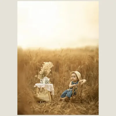 A child sits thoughtfully in a wicker chair amidst a vast golden wheat field. The expansive, sun-drenched background creates a sense of freedom and wonder, making the child seem like a tiny explorer in a big, beautiful world.