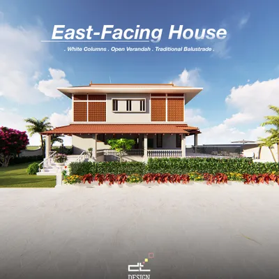A 3D visualization of our Kerala-style farmhouse project in Hassan. This east-facing home features an open verandah, traditional balustrade, and white columns, all designed according to Vastu principles for a serene and timeless retreat.
