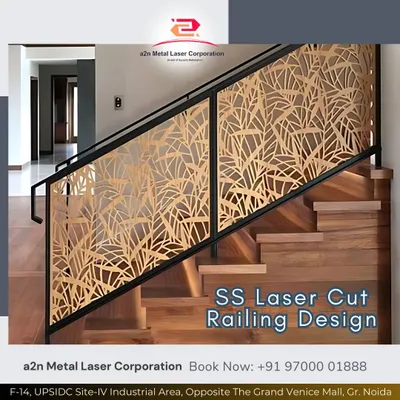 This stainless steel laser cut railing is a prime example of functional art. The intricate leaf pattern was precisely cut to create a dynamic visual effect, enhancing the staircase while ensuring safety and structural integrity.