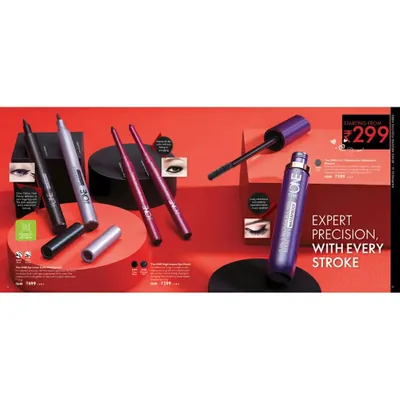 An e-commerce style shot for 'The ONE' eye makeup, featuring eyeliners and mascara. The composition uses geometric blocks and a bold red background to create a visually sharp and modern look.
