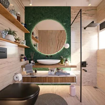 A luxurious bathroom render combining different materials for a rich, textured look. The green marble accent wall behind the backlit mirror contrasts beautifully with the lighter marble on the walls and the warm wood shelves.