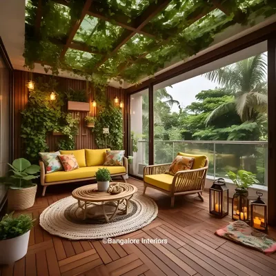 My goal for this balcony was to create a lush, green paradise in the city. I used a vertical garden, a wooden swing, and comfortable wicker furniture to make it the perfect spot to unwind.