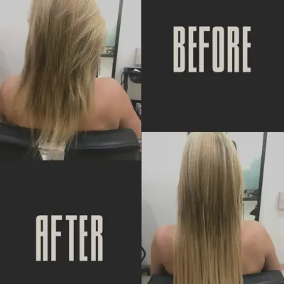 Here is a classic example of adding both length and volume. The 'before' shows fine, shoulder-length hair, and the 'after' reveals a fuller, longer, and healthier-looking style.