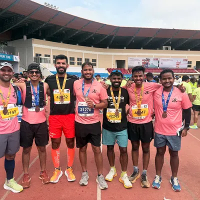 That feeling of crossing the finish line with your team is unbeatable. Here's our crew celebrating with their hard-earned medals after the NMDC Hyderabad Marathon.