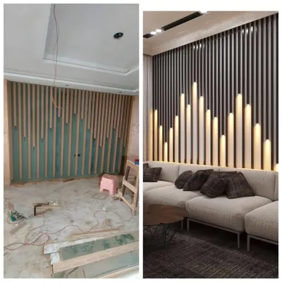 A powerful before and after. This image shows how I took a plain wall and, using wooden slats and custom lighting, turned it into a dramatic, textured feature wall that becomes the centerpiece of the living room.