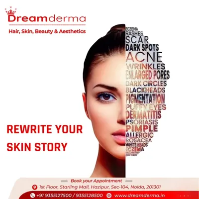 It's time to rewrite your skin story. Whether you're dealing with acne, dark spots, wrinkles, or psoriasis, this graphic shows the wide range of conditions we treat. We are here to help you start a new chapter with healthy skin.