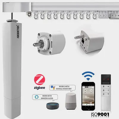 This is our Abodetek Smart Curtain Motor, the engine behind your automated window treatments. It uses reliable Zigbee technology and works with Amazon Alexa and Google Assistant for effortless voice or app control.
