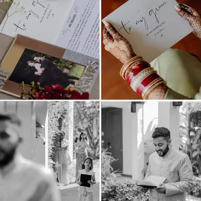 A collage of heartfelt details from the Nikah ceremony, including the bride's letter to the groom and his emotional reaction upon reading it.