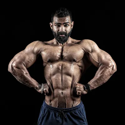 This is the result of habit. Motivation gets you started, but it's the daily discipline that carves out a physique like this. This front lat spread pose displays the width and definition built over years.