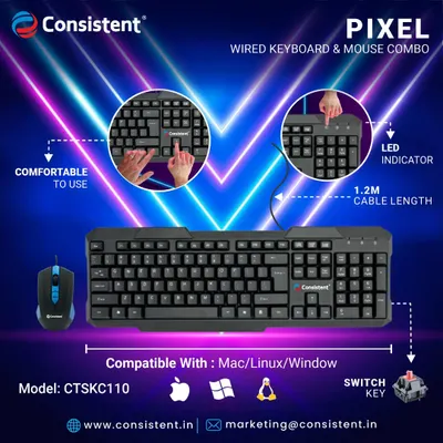 The "Pixel" wired keyboard and mouse combo is a practical solution compatible with Mac, Linux, and Windows. The keyboard is comfortable to use and features an LED indicator, while the 1.2-meter cable provides ample length for any desk setup.
