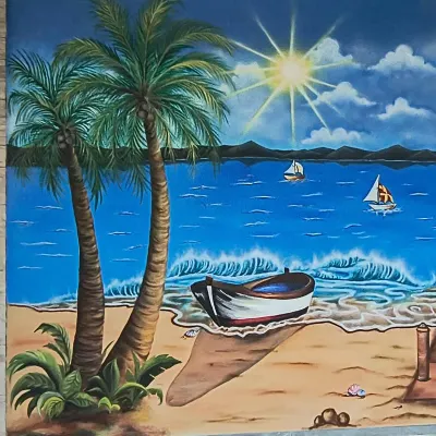 I painted this calming beach scene for a villa in Alibag. It features palm trees, a boat on the shore, and a beautiful sunny sky to create a perfect vacation vibe.