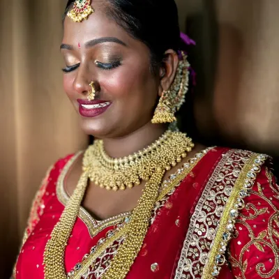 This unedited iPhone click shows the true beauty of dusky skin. I used a luminous foundation and golden-bronze eyeshadow to make her skin glow and her eyes sparkle for her South Indian bridal look.
