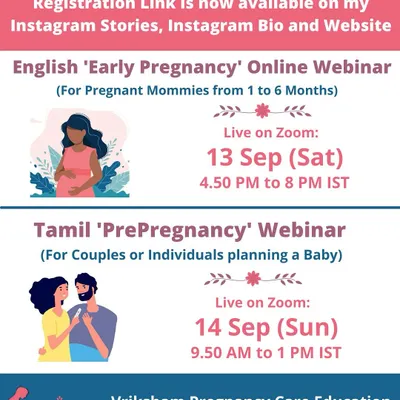 Here is the schedule for our upcoming weekend online webinars. Join me for the English 'Early Pregnancy' session or the Tamil 'PrePregnancy' webinar. You can register through the link in my bio.