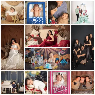 A collage showcasing the variety of sessions I offer, from maternity and newborn shoots to cake smashes and family portraits. Every milestone is worth celebrating and remembering.