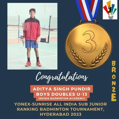 We are thrilled to celebrate Aditya Singh Pundir's bronze medal win in the Boys Doubles U-13 category at the Yonex-Sunrise All India Sub Junior Ranking Tournament in Hyderabad. A fantastic achievement on a national stage.