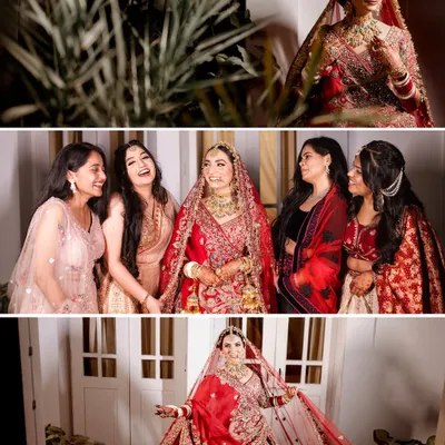 A collage capturing emotional family moments, including the bride with her mother and the family's joyful reaction to seeing her for the first time.