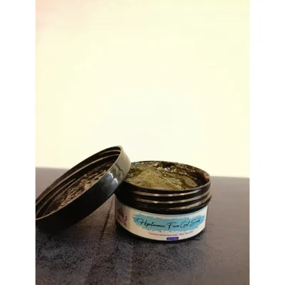This is my Hyaluronic Face Gel Scrub. It's packed with ingredients to brighten your skin, reduce dark spots, and remove tan and dead skin cells, all while providing deep hydration to improve skin elasticity.