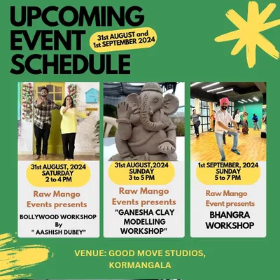 A snapshot of a packed weekend schedule at Good Move Studios. We hosted workshops for Bollywood dance, Bhangra, and Ganesha clay modelling all in one weekend.