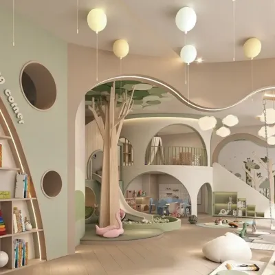 A wide view of a nature-themed kids' playzone, featuring whimsical balloon-like pendant lights, a cozy reading corner with built-in shelving, and soft, playful furniture.