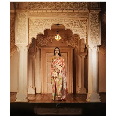 A full-length view from our iconic saree shoot, showcasing the entire ensemble against the magnificent, hand-carved archway. This wide shot establishes the scene and gives the garment a sense of place and grandeur.