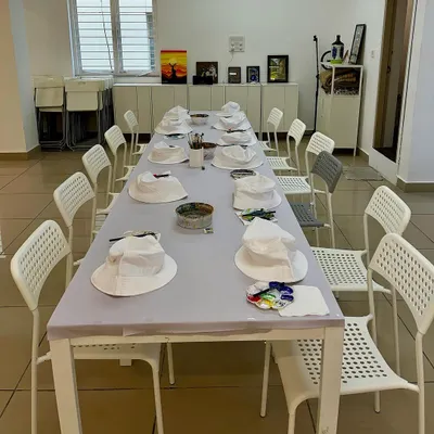 The calm before the creative storm. Our studio is all set up and ready for a bucket hat painting birthday party.