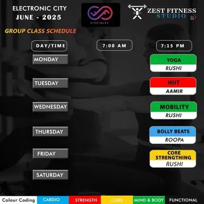 The group class schedule for June 2025. This month featured a mix of Yoga, HIIT, Mobility, Bolly Beats, and Core Strengthening classes in the evenings.