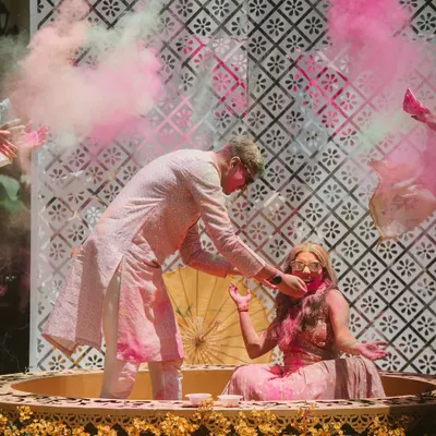 A playful Haldi celebration filled with color and laughter. I designed a custom tub for the ceremony, set against a patterned backdrop, making the ritual even more fun and photogenic.