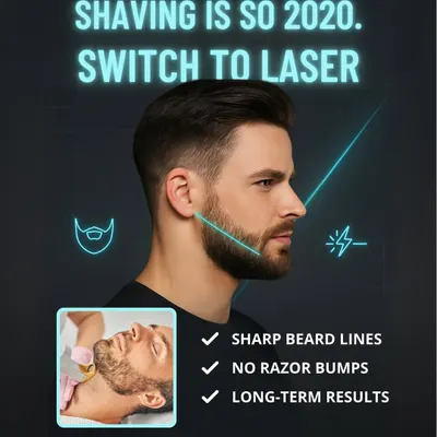 This graphic highlights the key benefits of switching to laser for your beard. Achieve sharp beard lines, eliminate razor bumps, and enjoy long-term results with our professional grooming service.