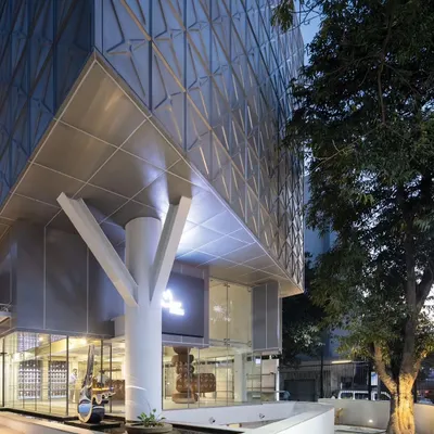 The Museum of Art & Photography (MAP) in Bangalore, featuring a tree-like column that supports the structure. This element is a nod to the Garden City, grounding the modern building in its local identity and creating a welcoming gesture at the entrance.