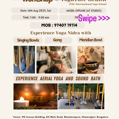 This poster announces one of our popular Aerial Sound Bath workshops. We combine the practice of Yoga Nidra with the sounds of singing bowls and gongs while participants are comfortably cocooned in aerial hammocks.