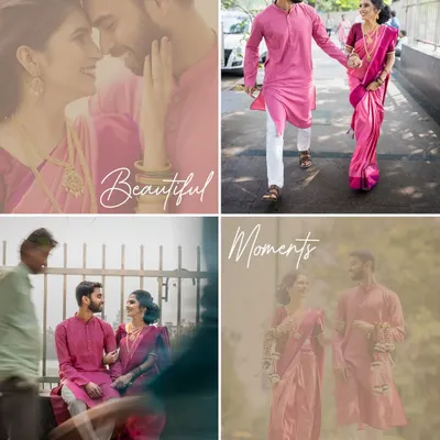 A collage of beautiful moments from a traditional Maharashtrian pre-wedding shoot, capturing the couple's connection in classic pink outfits.