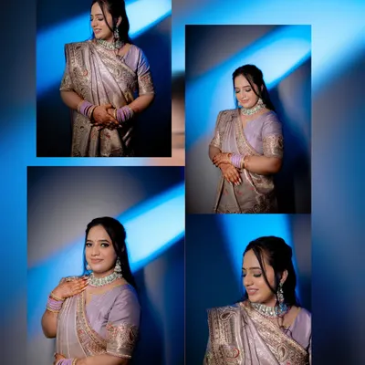 A collage of the bride's solo portraits against a modern, blue-lit background. I use creative lighting to make your individual photos stand out.
