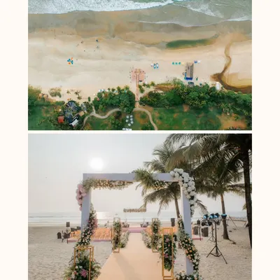An aerial drone shot of the stunning beach wedding setup in Goa. This perspective captures the grand scale of the event, with the ocean waves in the background.