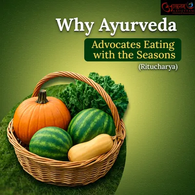 'Ritucharya', or seasonal living, is a core principle of Ayurveda. This image of a basket filled with seasonal produce illustrates the importance of eating what nature provides in each season to maintain health and balance.