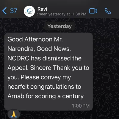 This message from my client captures the relief and satisfaction of winning a long-fought battle. His personal note, connecting my professional success with my son's achievements in cricket, was particularly meaningful.