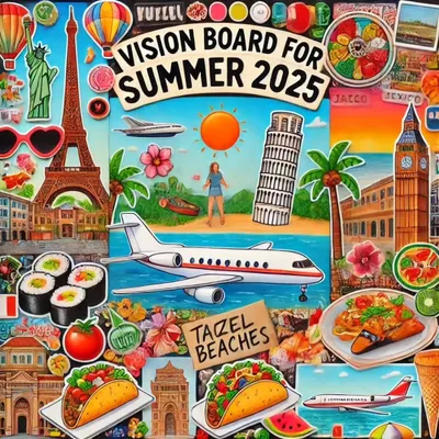 This is our vision board for Summer 2025. What's on yours? We can help you plan your next trip with your favorite influencer as your host.