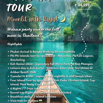 The complete guide to our Thailand tour. This poster breaks down the day-by-day plan, highlighting key activities like the Full Moon Party, the Four Island Tour in Krabi, and snorkeling in the Phi Phi Islands. All-inclusive pricing means your flights, stays, and key meals are covered.
